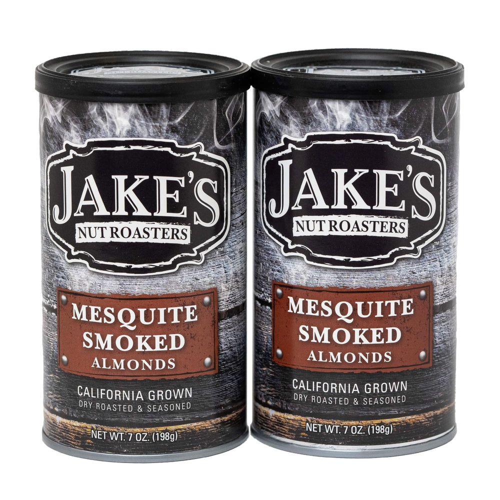 Jake's Nut Roasters front can showing mesquite smoked almonds and bold branding benefit: clear product identity