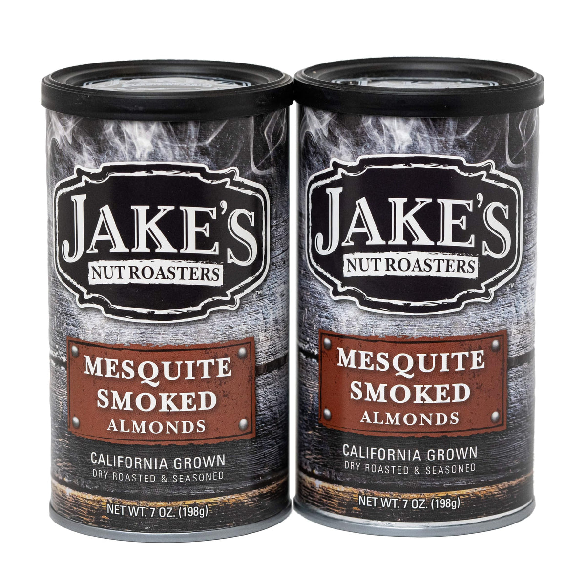 Jake's Nut Roasters front can showing mesquite smoked almonds and bold branding benefit: clear product identity