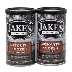 Jake's Nut Roasters front can showing mesquite smoked almonds and bold branding benefit: clear product identity