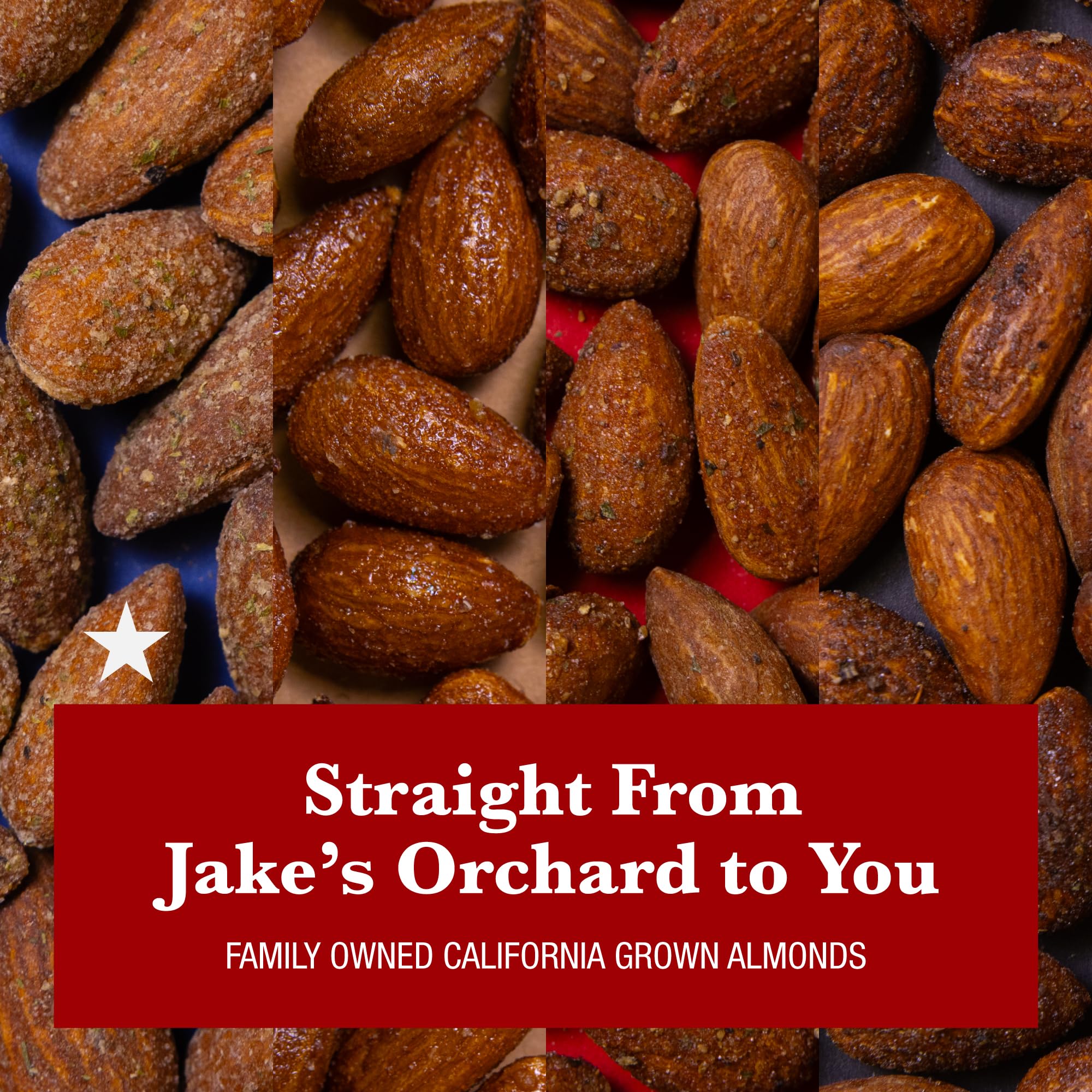 Jake's Nut Roasters Mesquite Smoked almonds on serving board showing smoky finish and party-ready appeal benefit