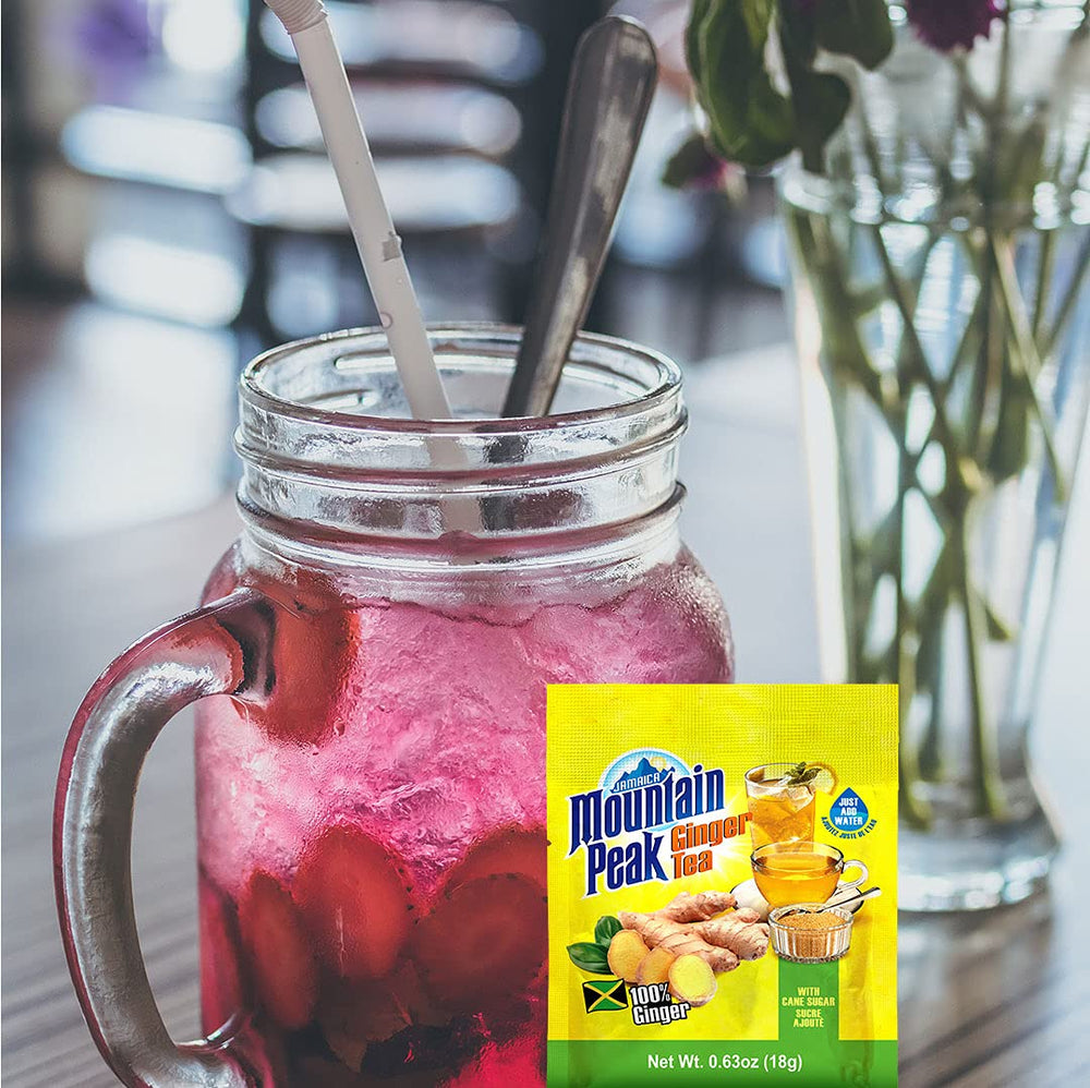 Jamaica Mountain Peak sachet beside ruler for scale, showing portable single-serve benefit
