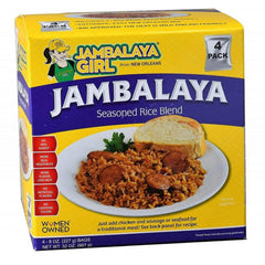 Jambalaya Girl front box packaging showing four 8 oz mixes and branding benefits