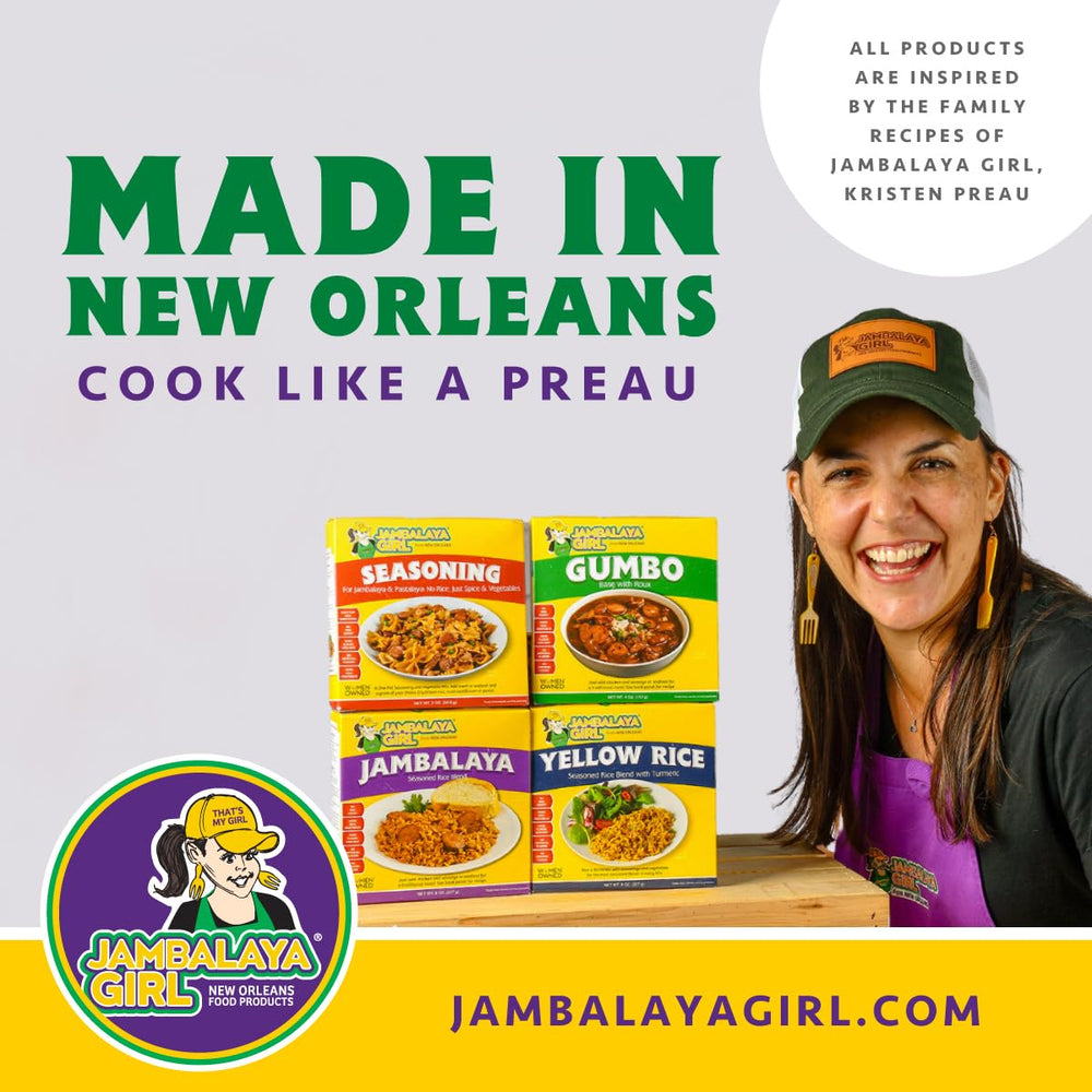 Jambalaya Girl box opened overhead showing packet contents of rice seasoning and veg