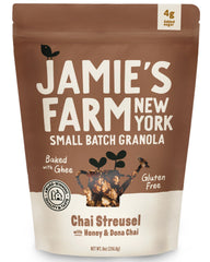 Jamie's Farm front packaging showing chai granola and clear label benefit