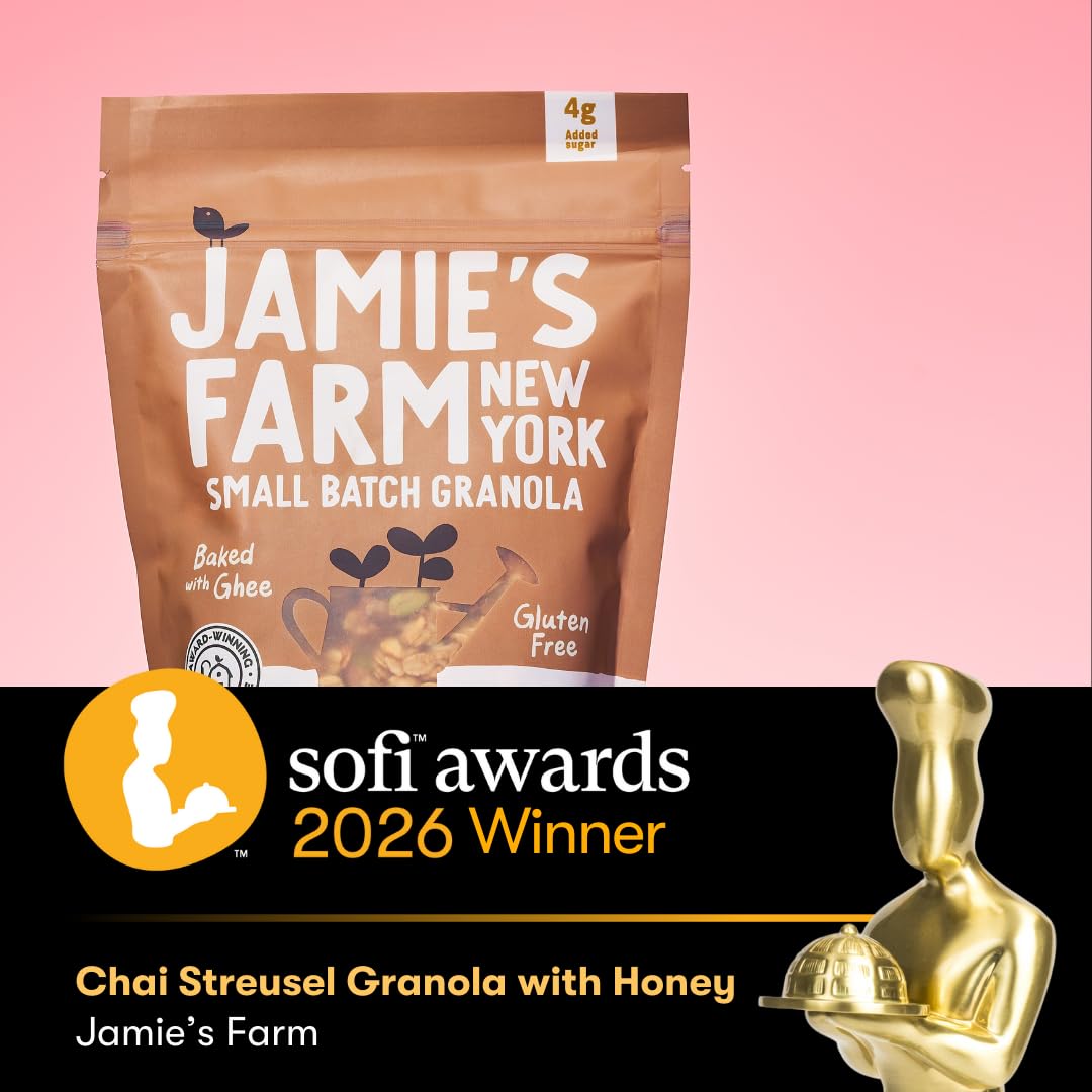 Jamie's Farm bag held in hand showing 8oz scale and portable convenience