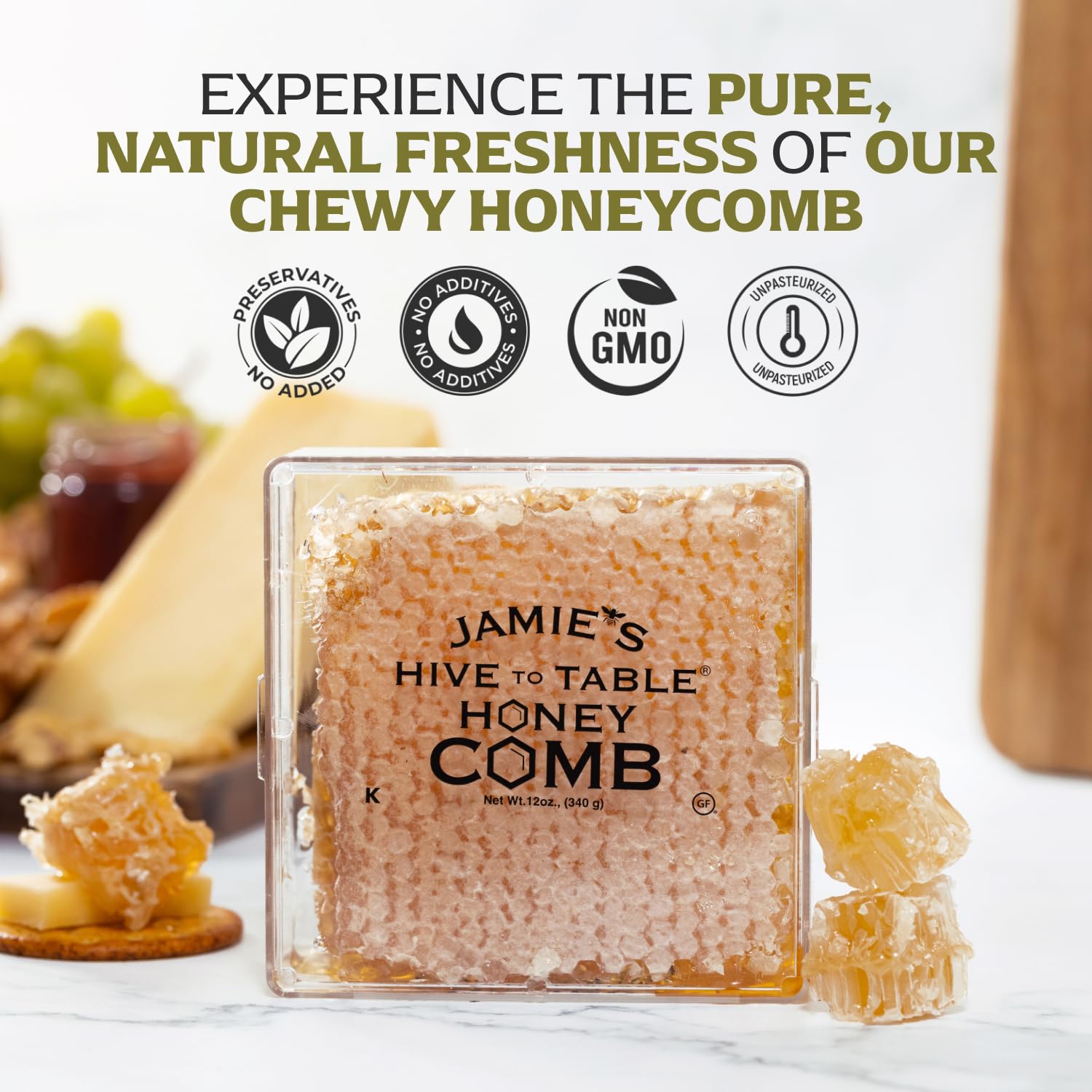 Jamie's Hive To Table close-up of wax cells highlighting natural texture and freshness