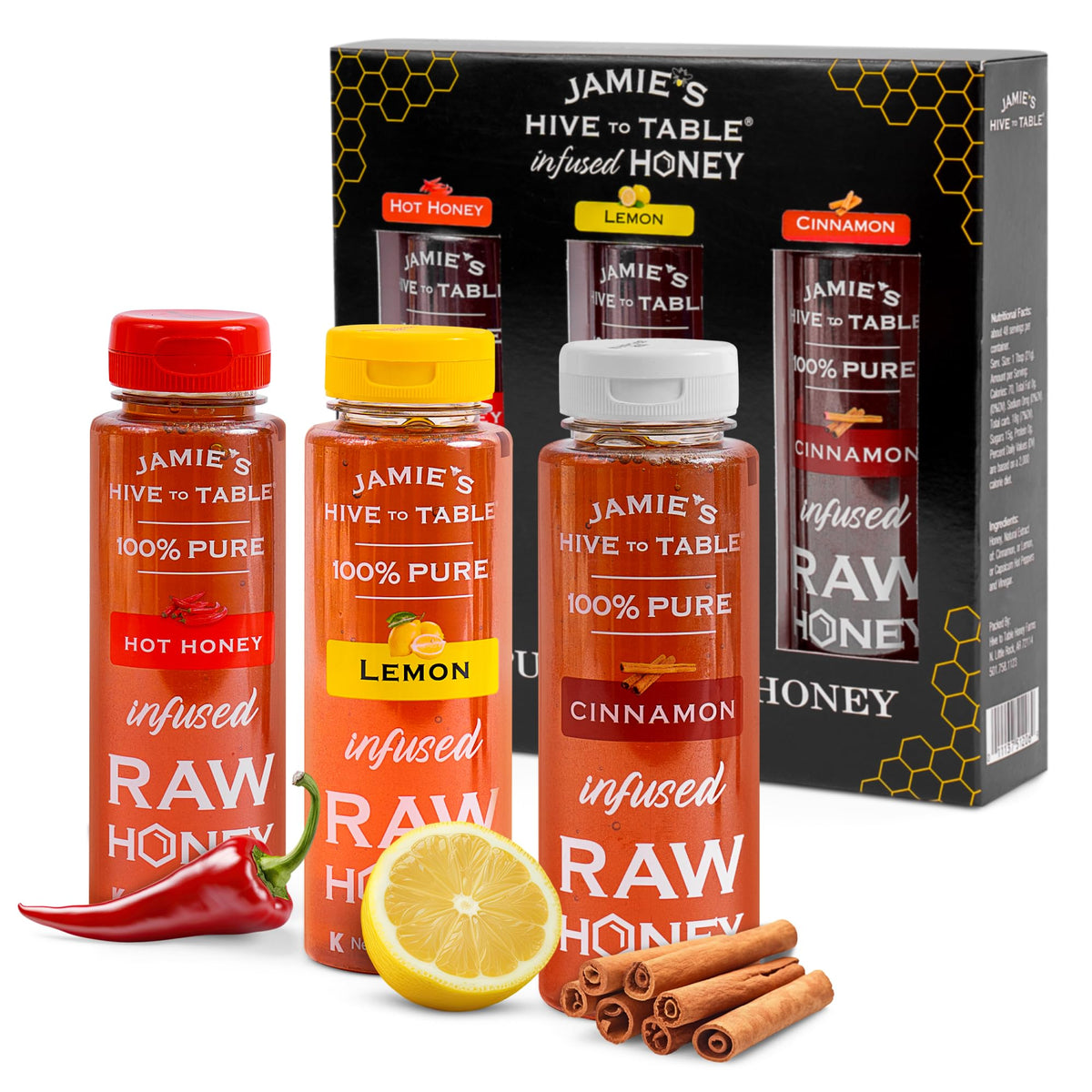 Jamie's Hive to Table front packaging showing three flavored honey jars, elegant gift appeal