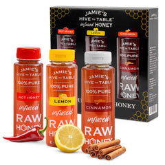 Jamie's Hive to Table front packaging showing three flavored honey jars, elegant gift appeal