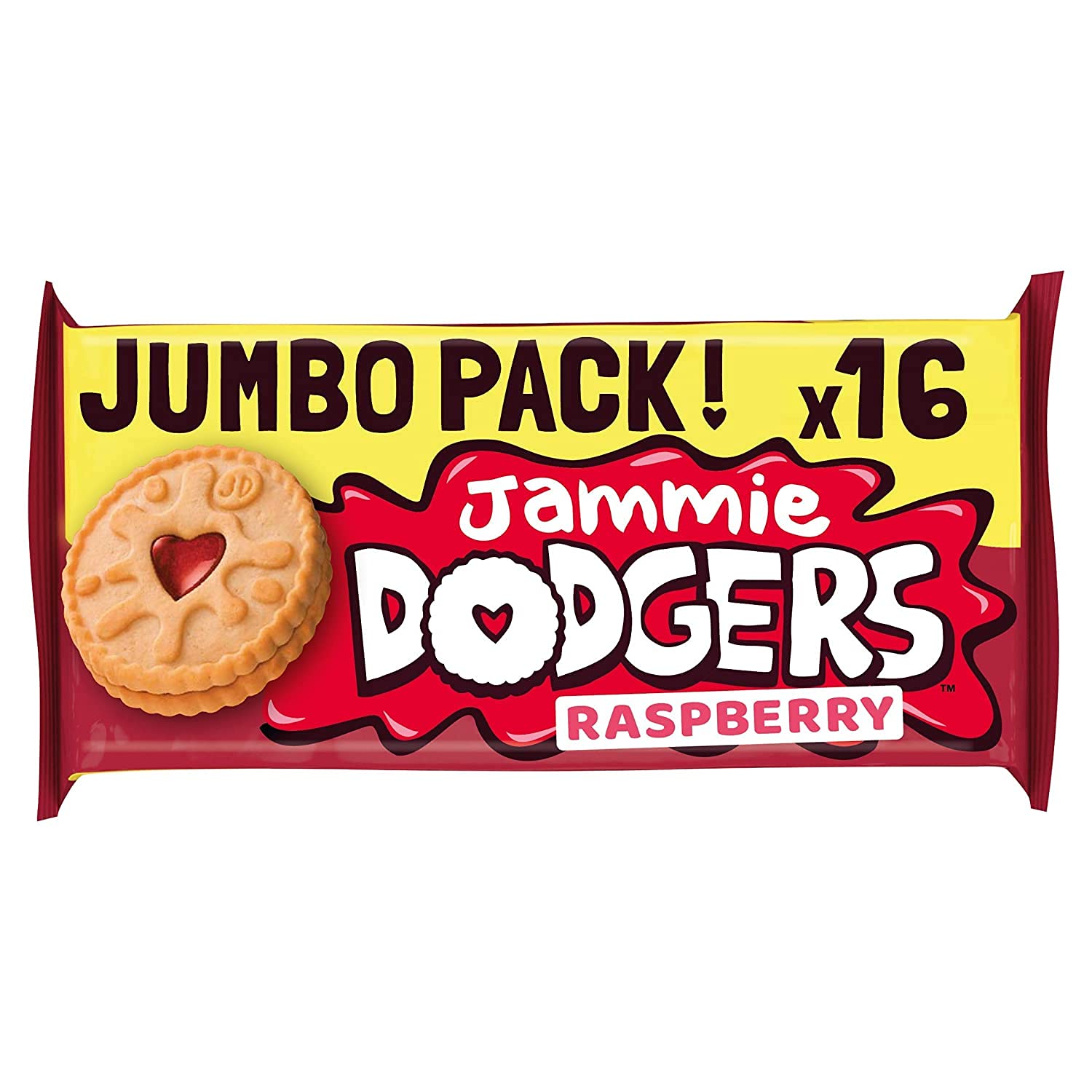 Jammie Dodgers front packaging showing twin 280g pack and nostalgic jam-centre appeal