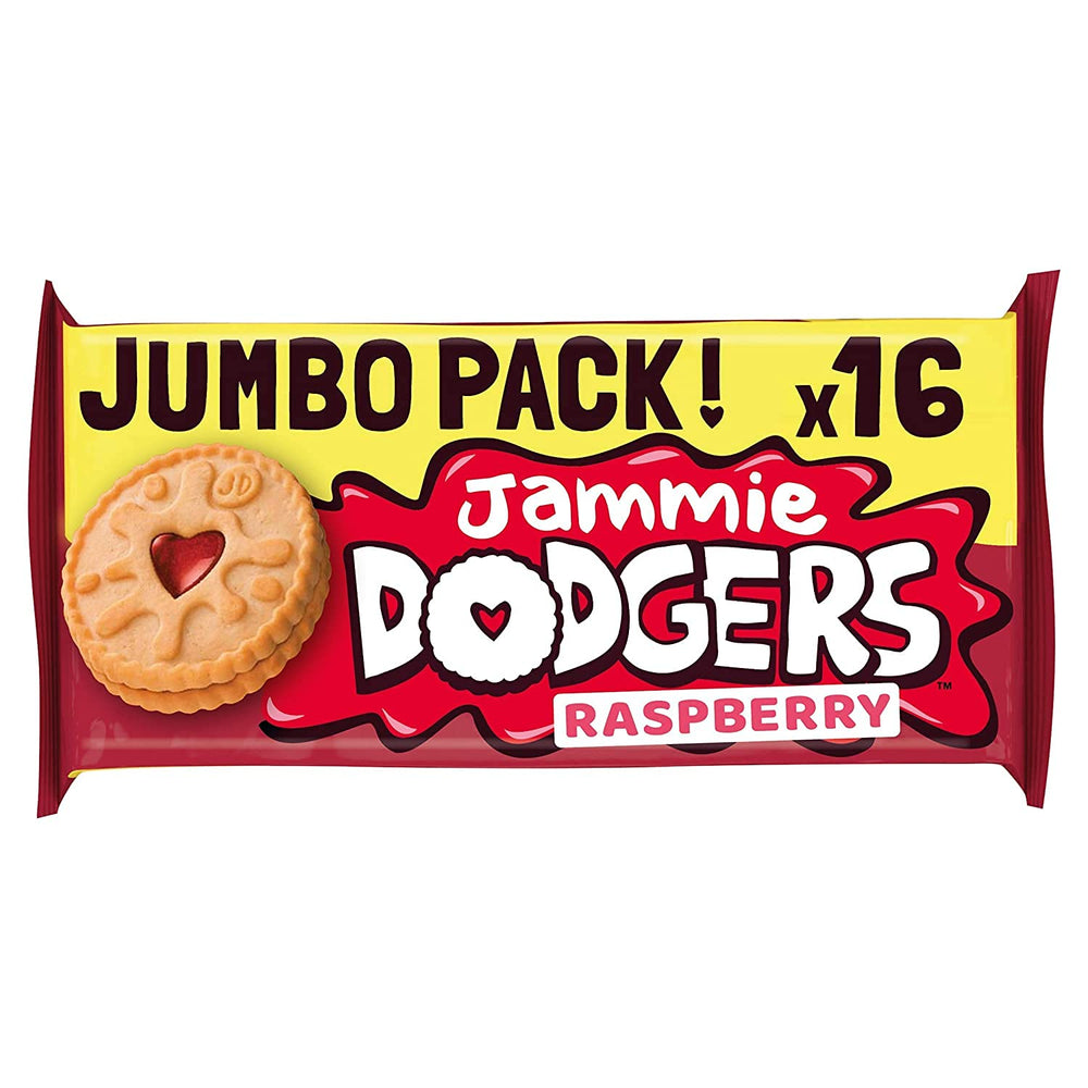 Jammie Dodgers front packaging showing twin 280g pack and nostalgic jam-centre appeal