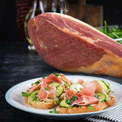 Jamonprive close-up of fat and marbling illustrating rich texture and flavor