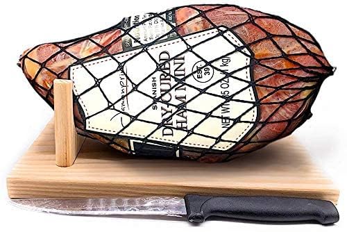 Jamonprive front packaging showing boneless Serrano ham and included stand for easy serving