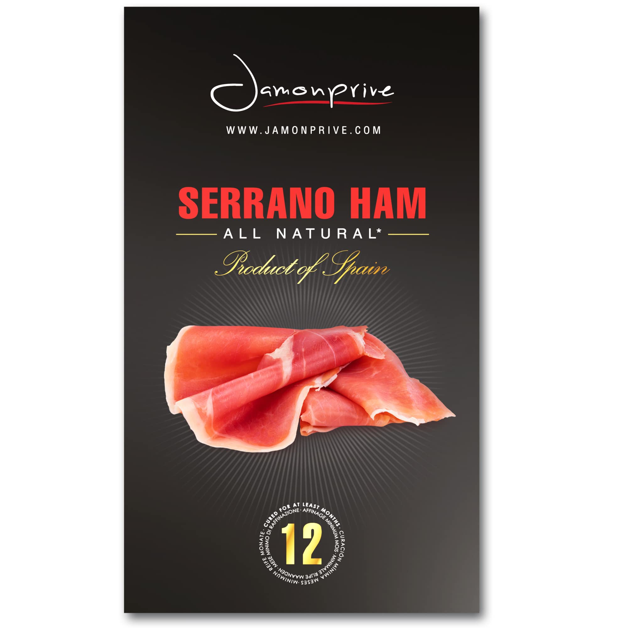 jamonprive front packaging showing sliced Serrano ham and convenience