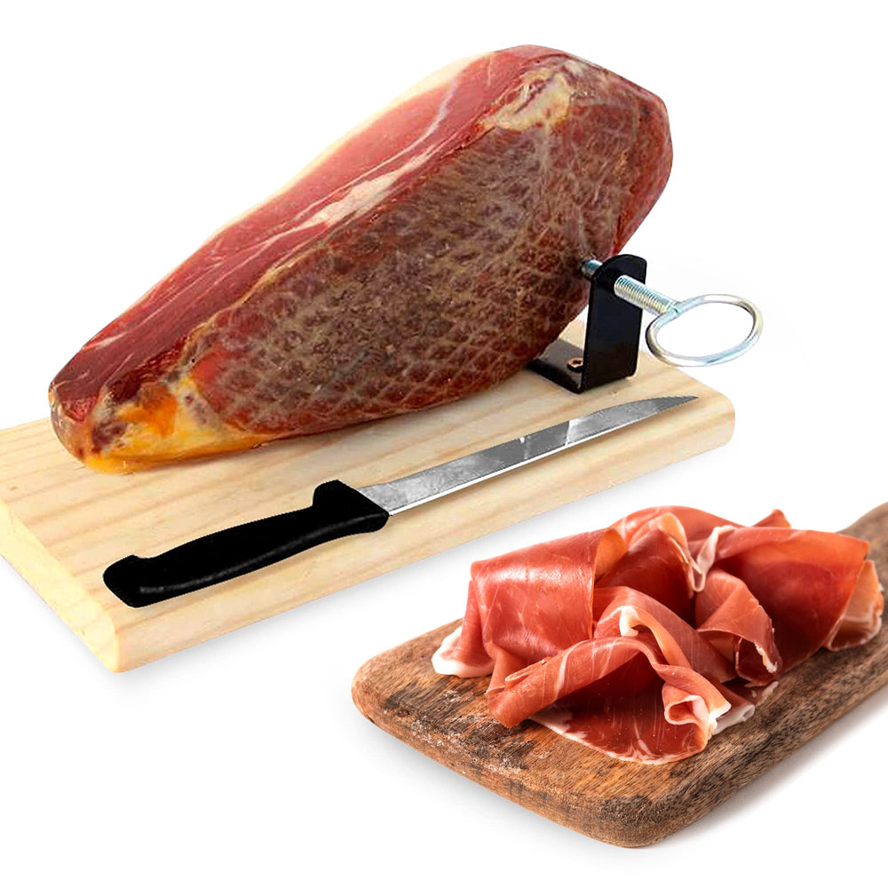 Jamonprive ham mounted on stand for stable slicing and attractive presentation