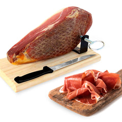 Jamonprive ham mounted on stand for stable slicing and attractive presentation