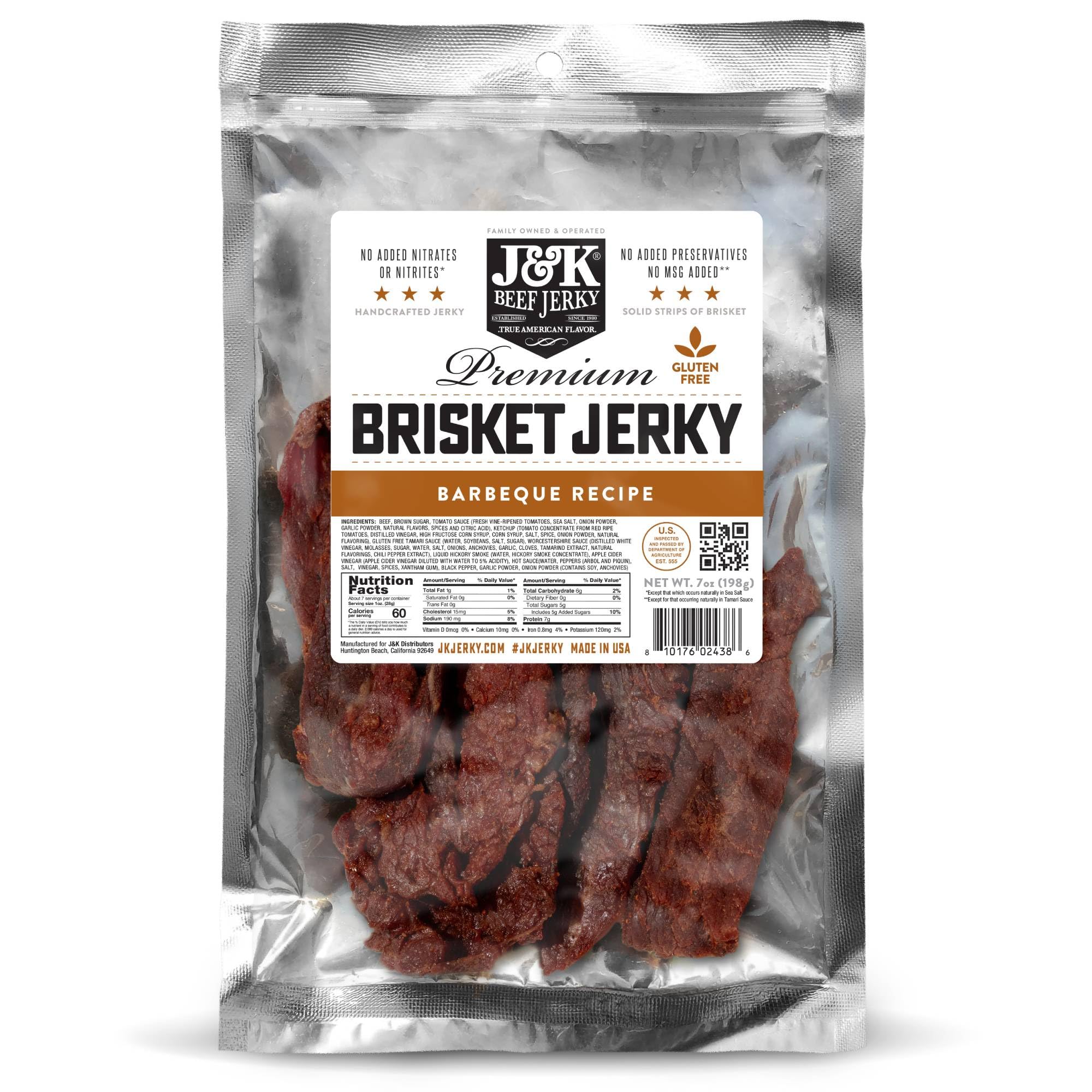 J&K Beef Brisket Jerky front packaging showing resealable 7oz bag and BBQ branding