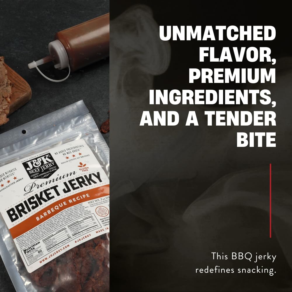 J&K Beef Brisket Jerky beside a hiking pack illustrating portable protein for outdoors