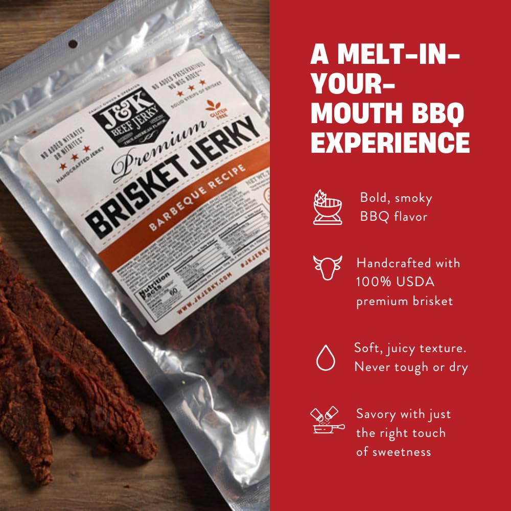 J&K Beef Brisket Jerky open bag with tender slabs visible for easy grab-and-go snacking