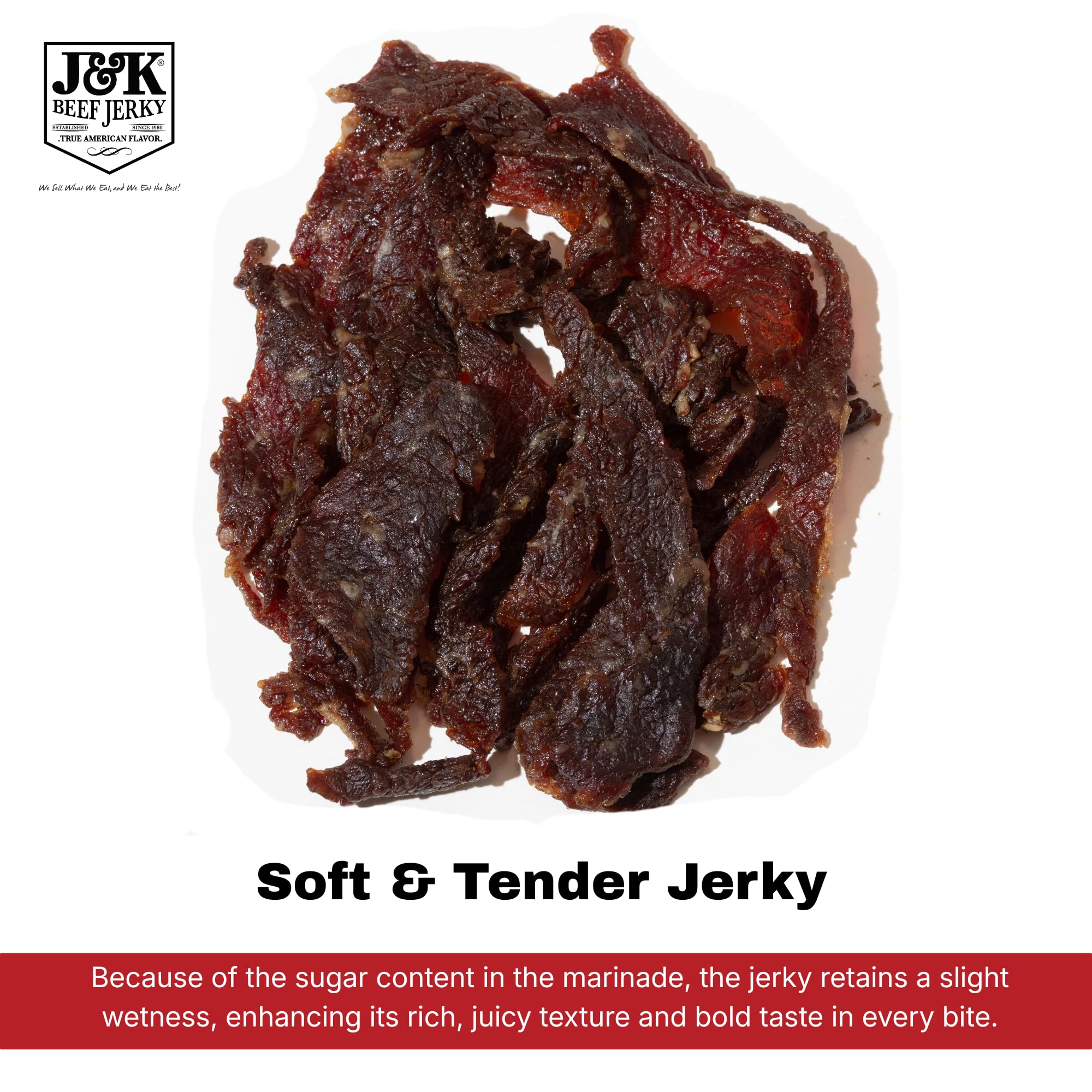 J&K Beef Brisket Jerky sliced on a plate showing serving idea and rich barbecue glaze