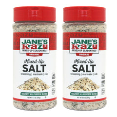 Jane's Krazy front packaging showing two 9.5 oz jars and easy storage benefit