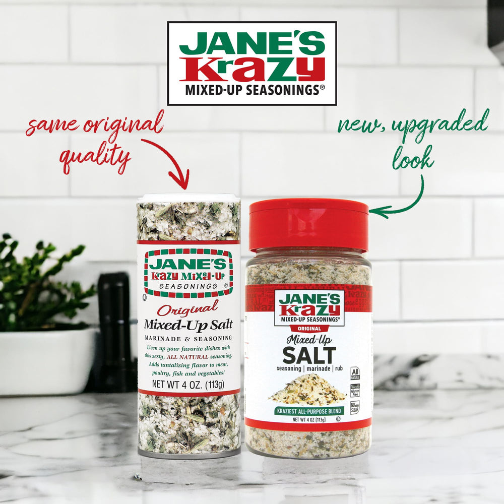 Jane's Krazy Mixed Up Salt close-up showing texture and seasoning benefit for finishing