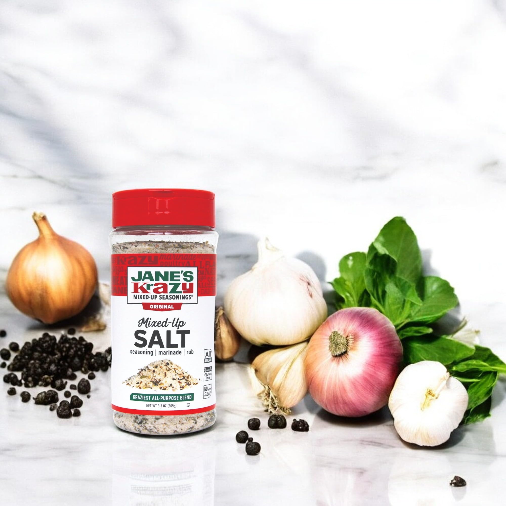 Jane's Krazy salt texture close-up revealing herb flecks and bold flavor