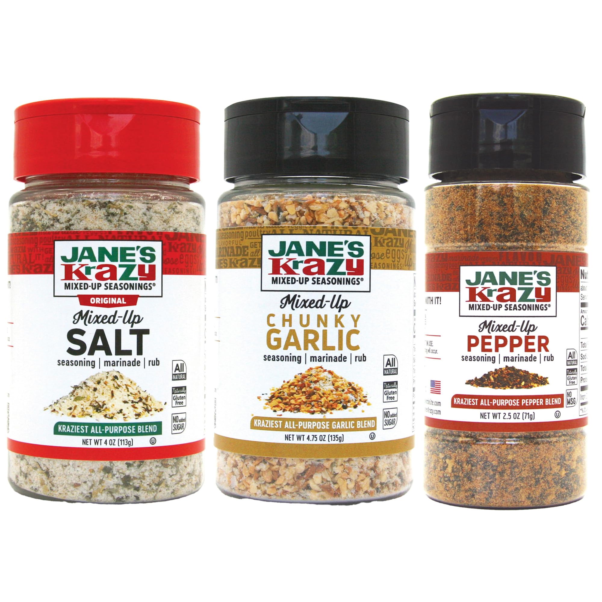 Jane's Krazy variety pack front view showing three seasoning jars and meal inspiration