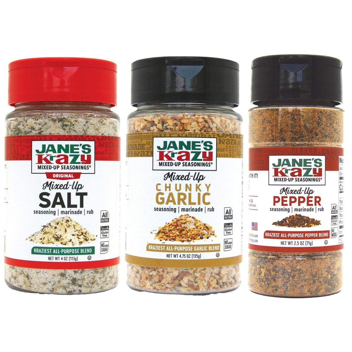 Jane's Krazy variety pack front view showing three seasoning jars and meal inspiration