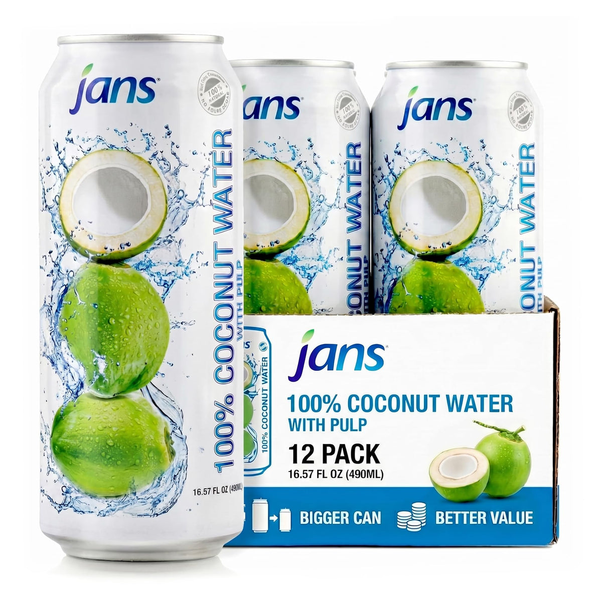 Jans front packaging showing 12-pack, clear branding and convenience