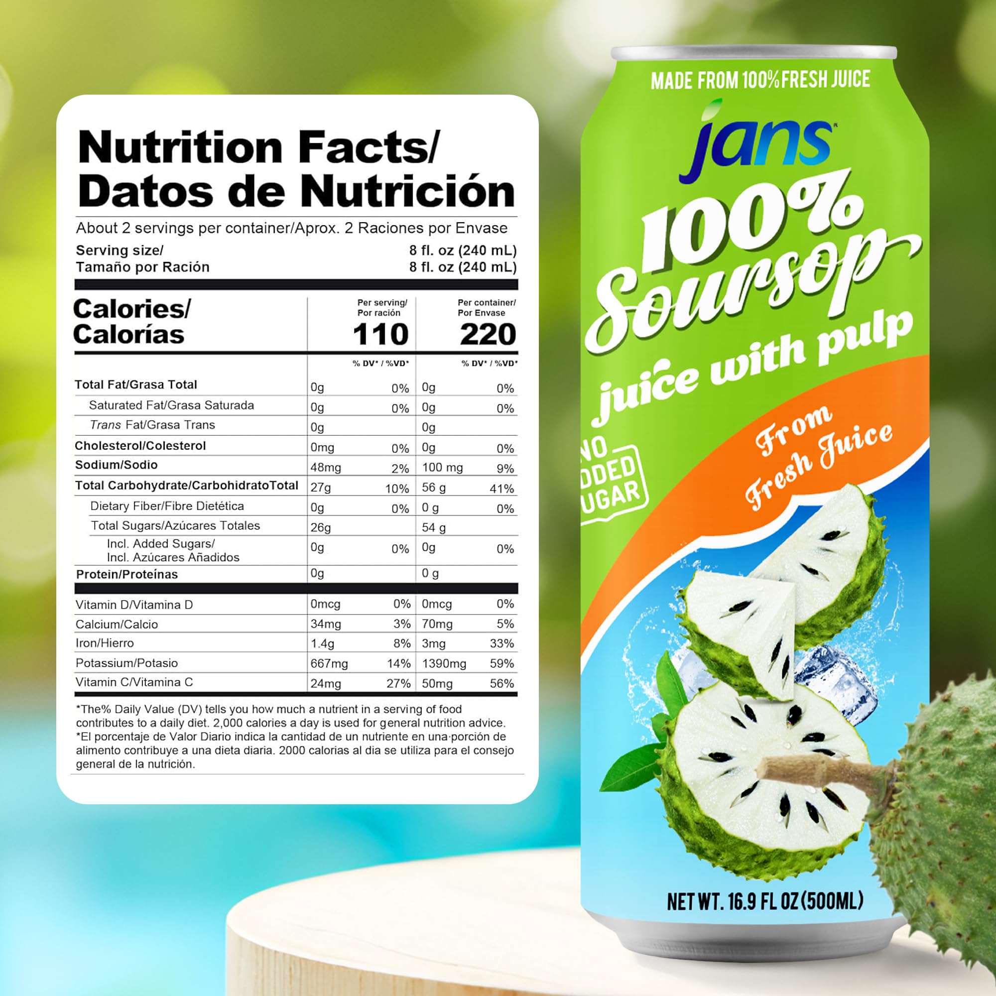Jans soursop juice can opened to reveal liquid and pulp for immediate refreshment
