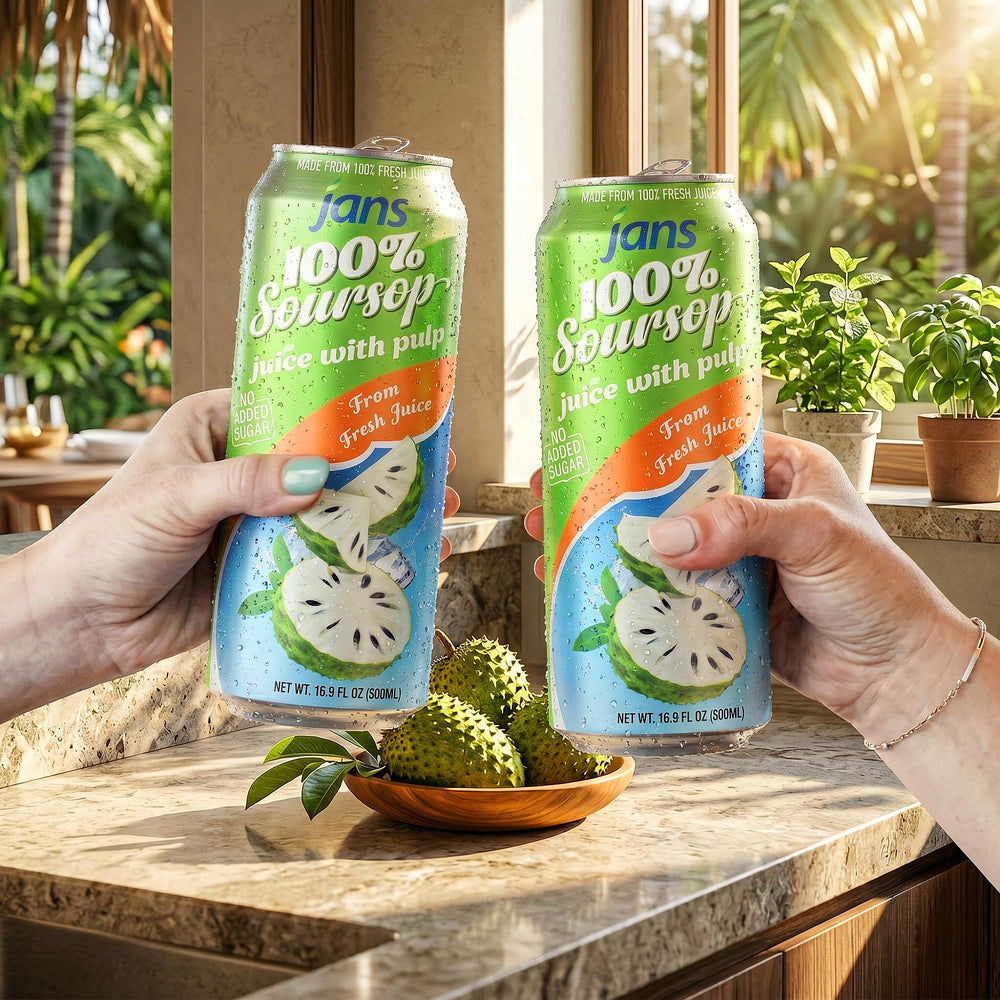 JANS soursop juice poolside lifestyle shot for outdoor refreshment moments