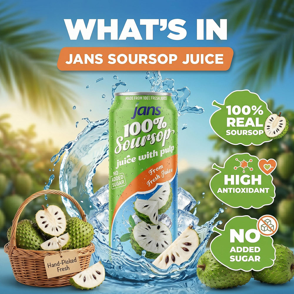 JANS soursop juice pulp close-up highlighting real fruit bits and natural texture