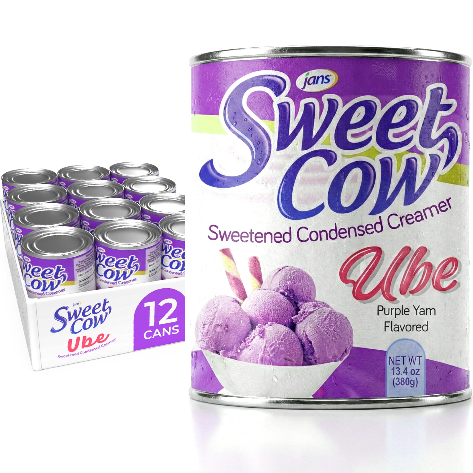 Jans ube condensed milk front can showing packaging and ube flavor benefits