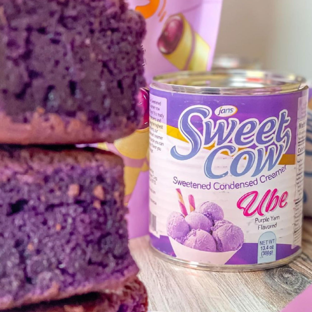 Ube cake frosted with Jans condensed milk highlighting consistent color and taste