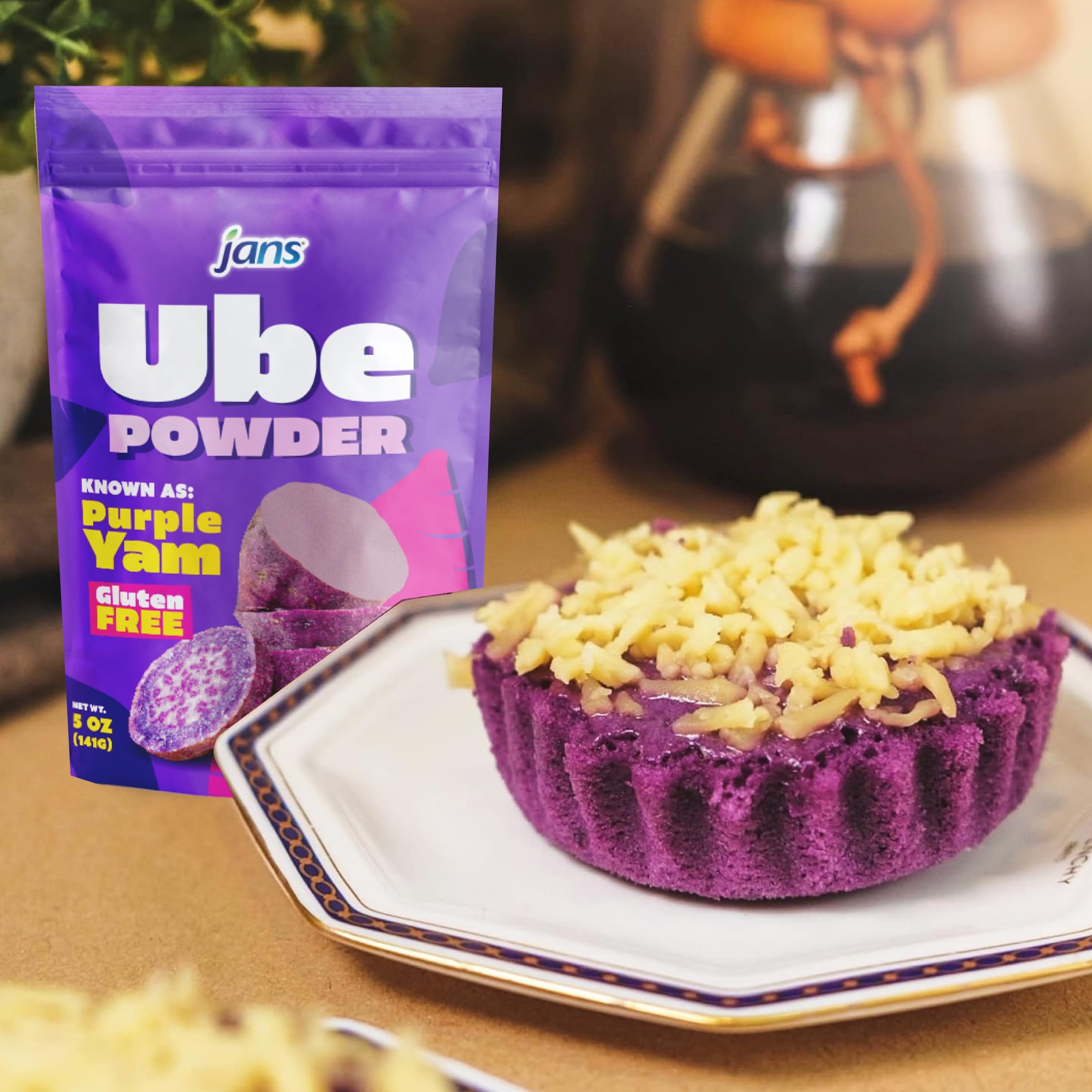 Two-pack Jans ube powder in a kitchen setting with baking props — benefit pantry-ready supply
