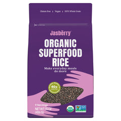 Jasberry front packaging showing three 15oz organic rice bags and branding benefit