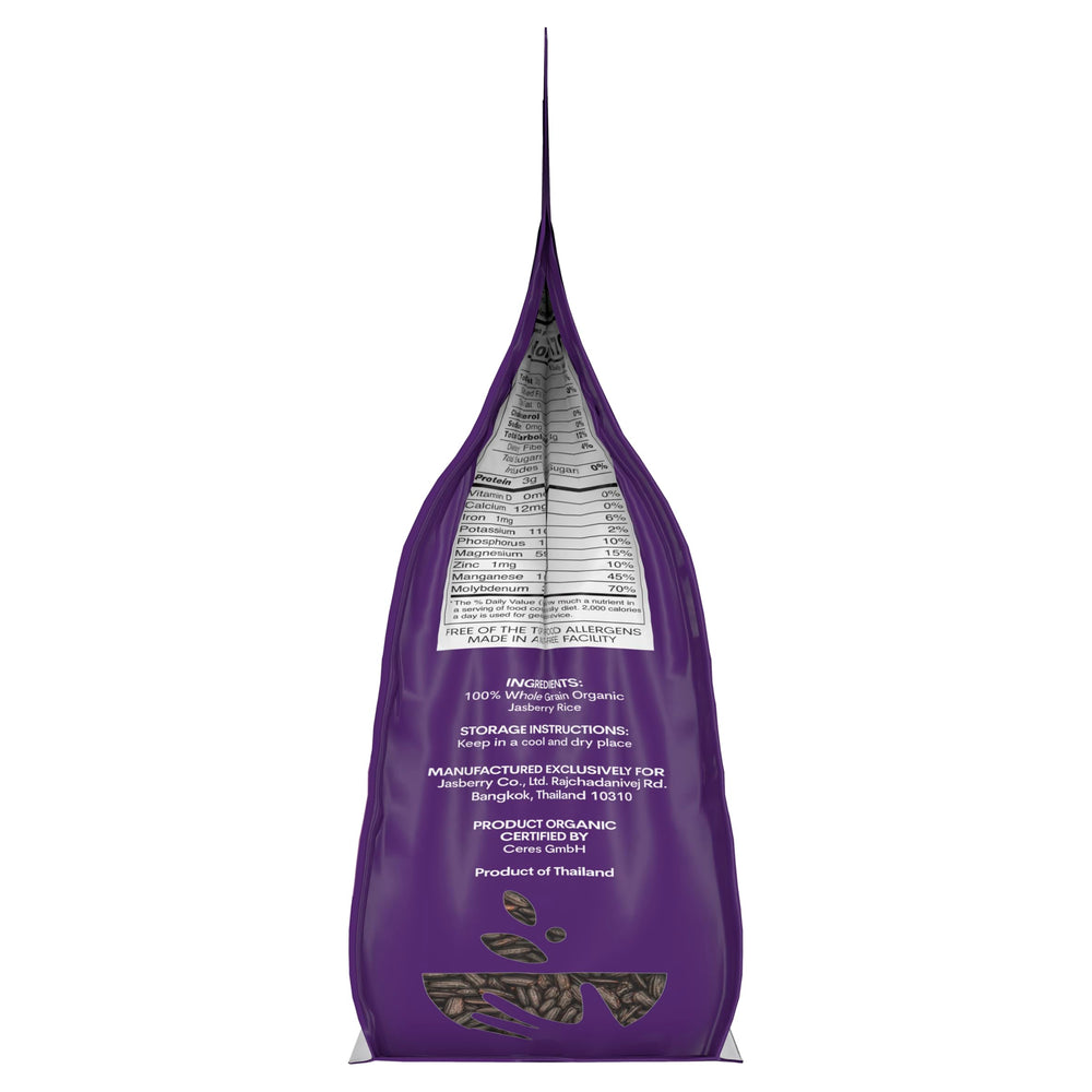 Jasberry rice next to measuring cup showing portion size and value pack benefit