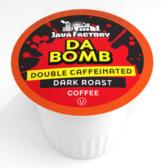 Java Factory brewed cup top view showing dark roast crema and robust aroma