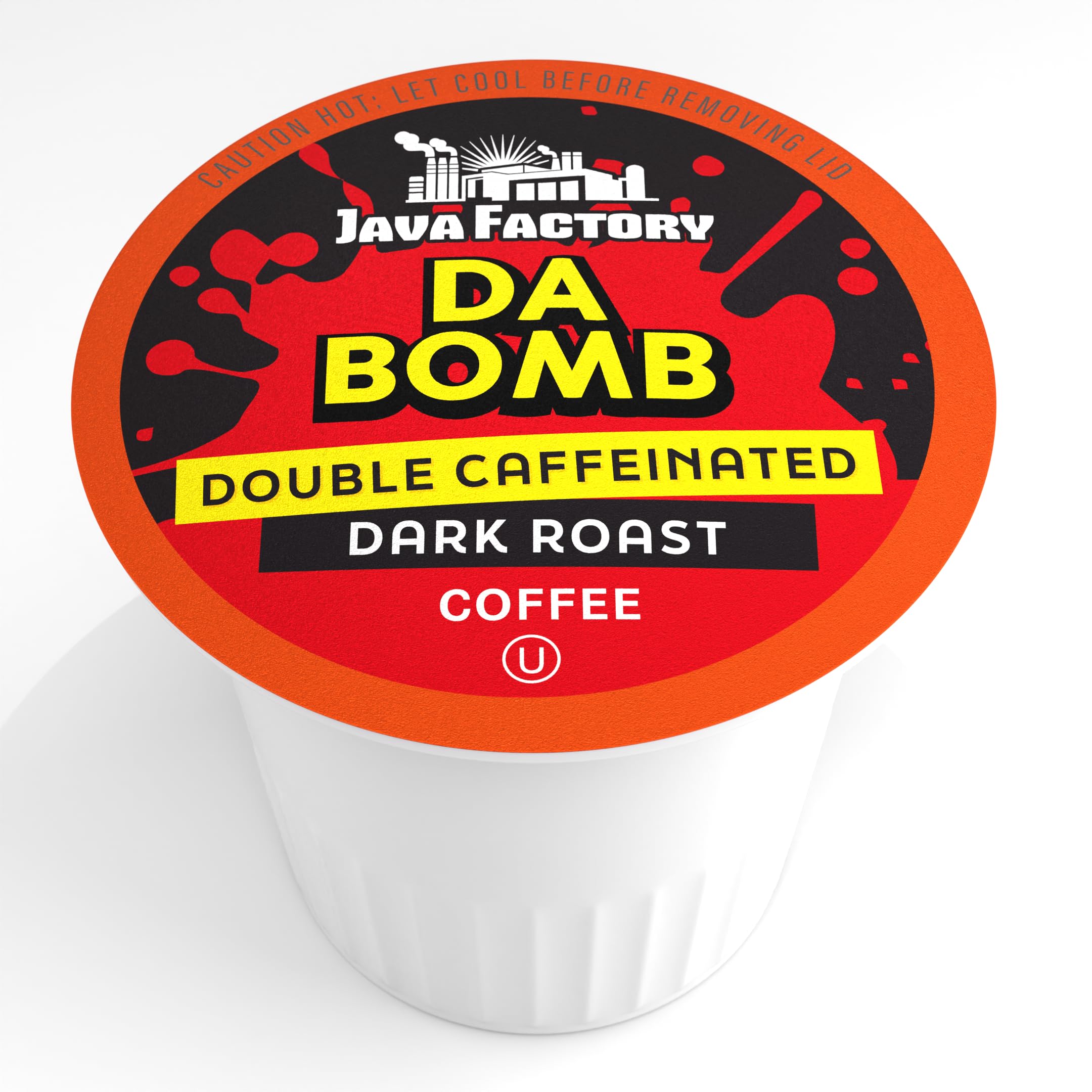 Java Factory brewed cup from a Da Bomb pod showing dark roast color and rich crema