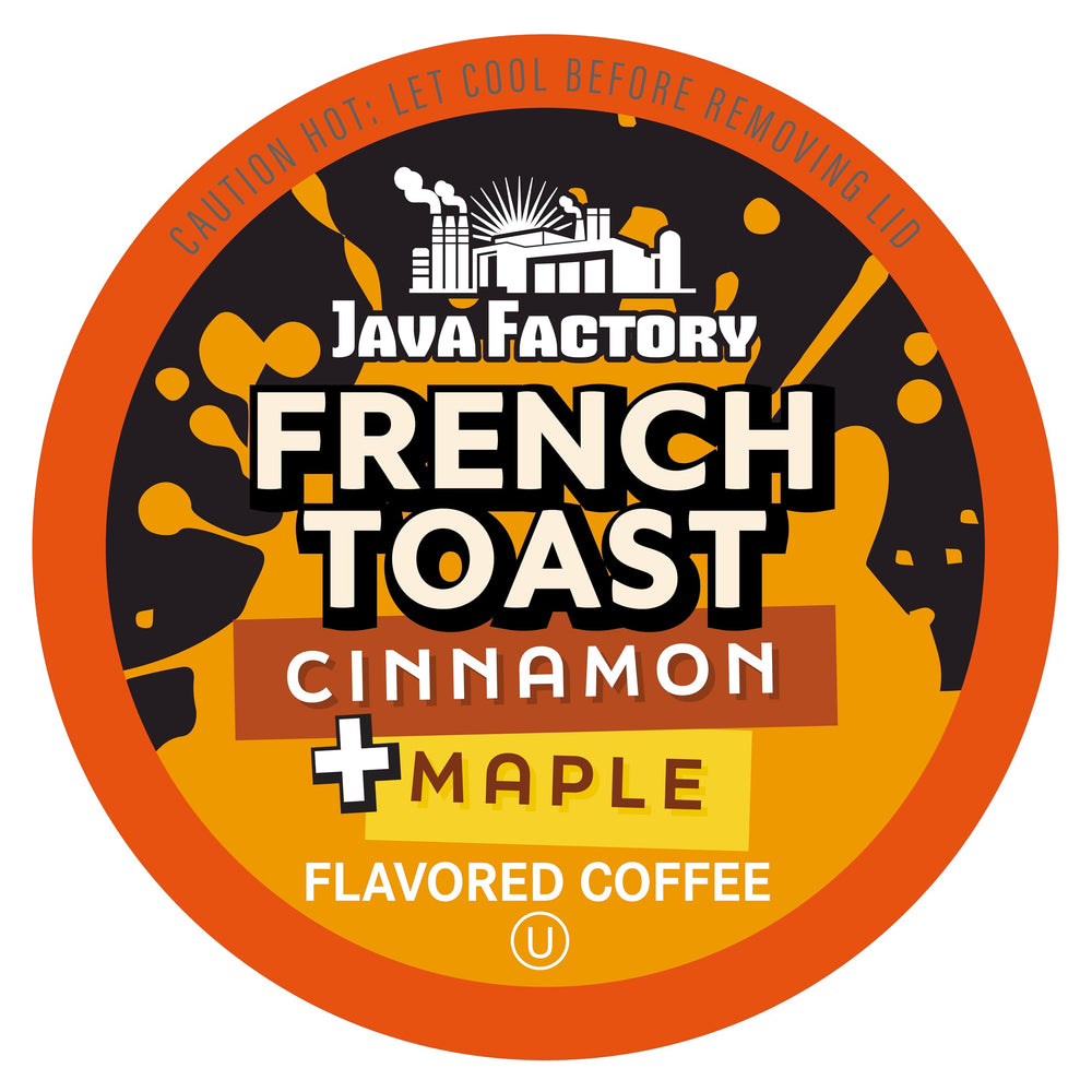 Java Factory front box showing cinnamon and maple flavor and 80 count convenience