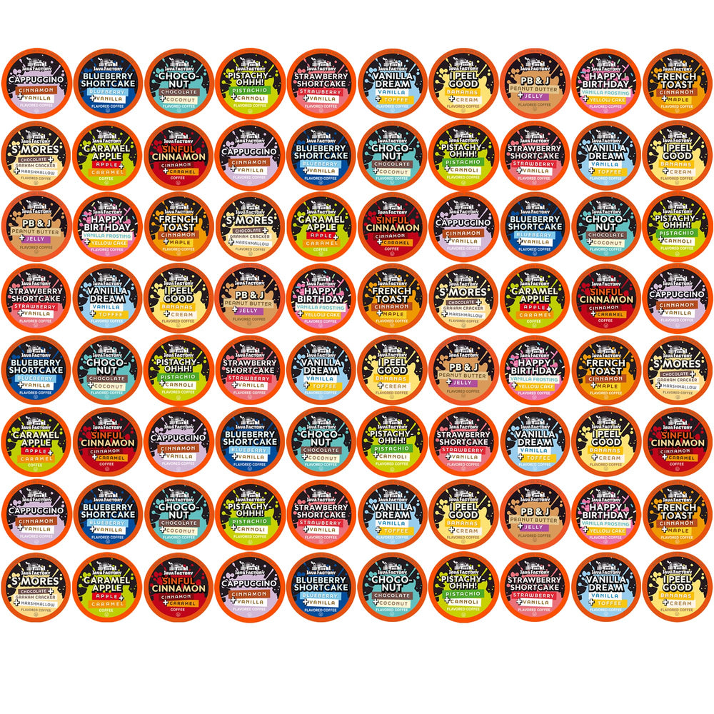 Java Factory front packaging showing 80-count variety pack and assortment benefit