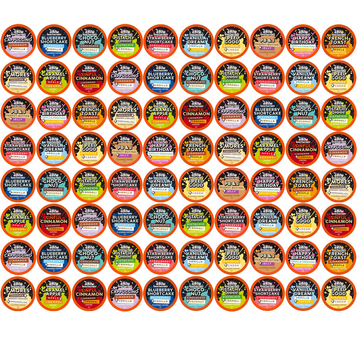 Java Factory front packaging showing 80-count variety pack and assortment benefit