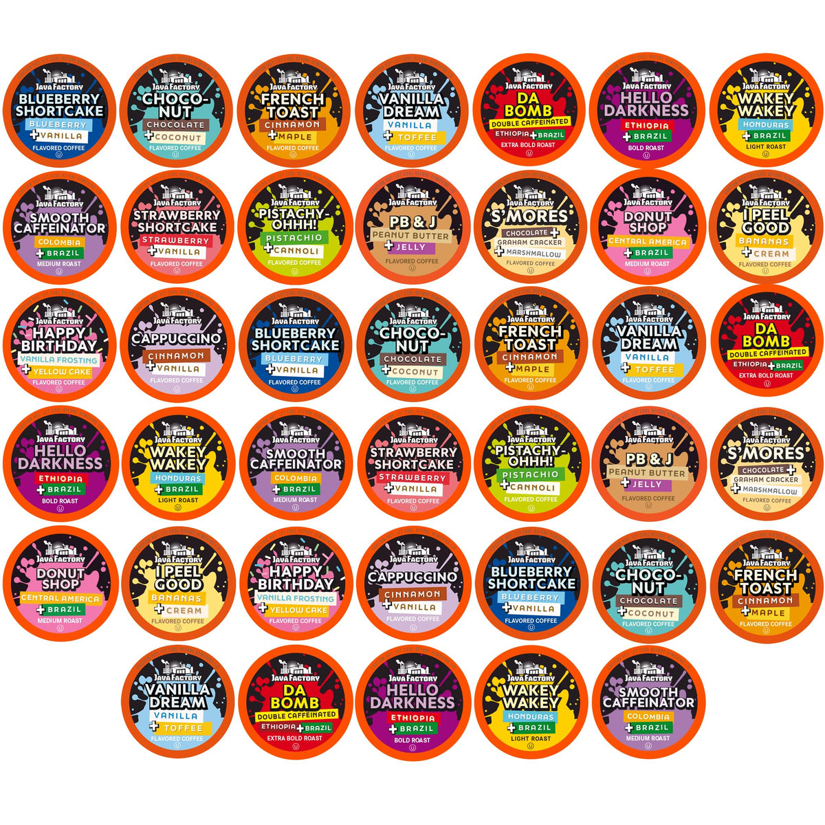 Java Factory front packaging showing 40-count variety pack and convenience