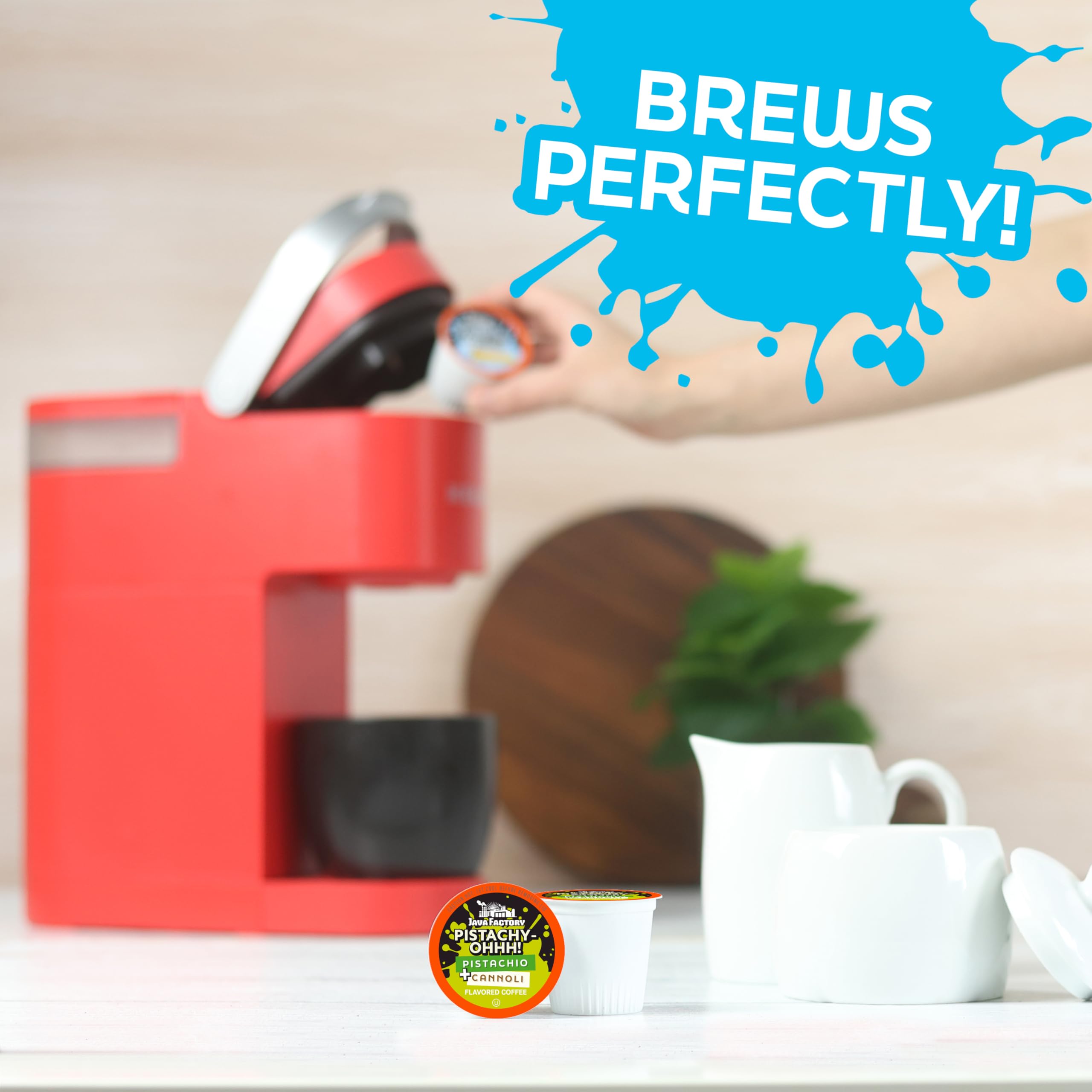 Java Factory brewed cup of Pistachy OHHH coffee showing crema and nutty aroma benefit