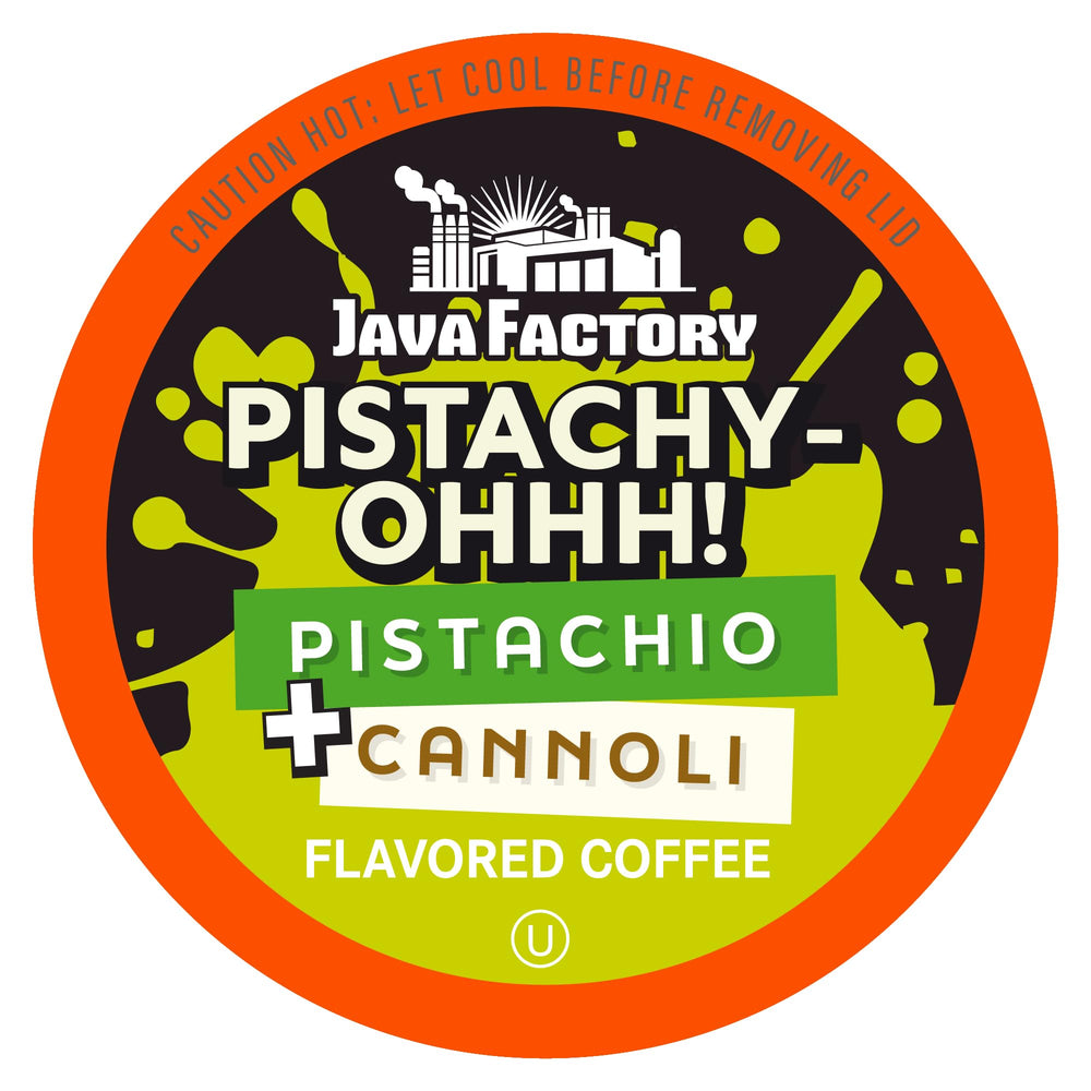 Java Factory front packaging showing 40-count pistachio flavored pods and convenience