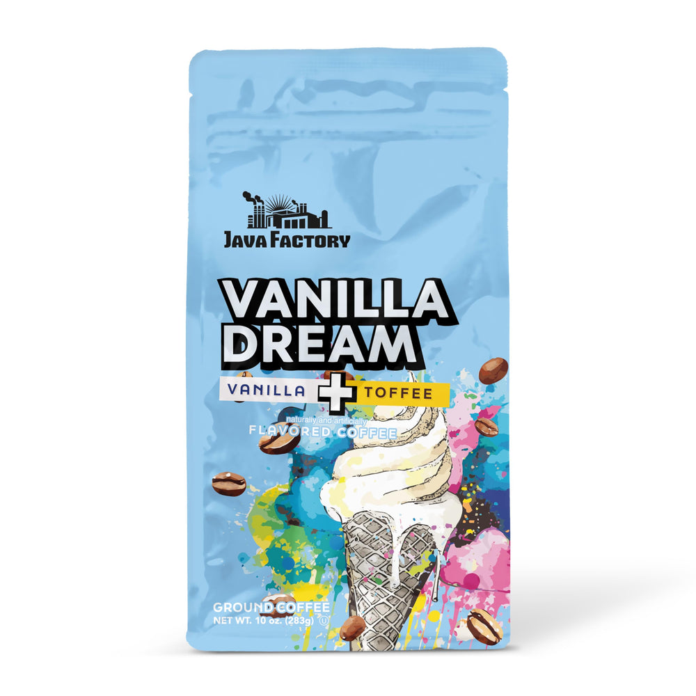 Java Factory front packaging showing vanilla toffee flavor and 10 oz size benefit