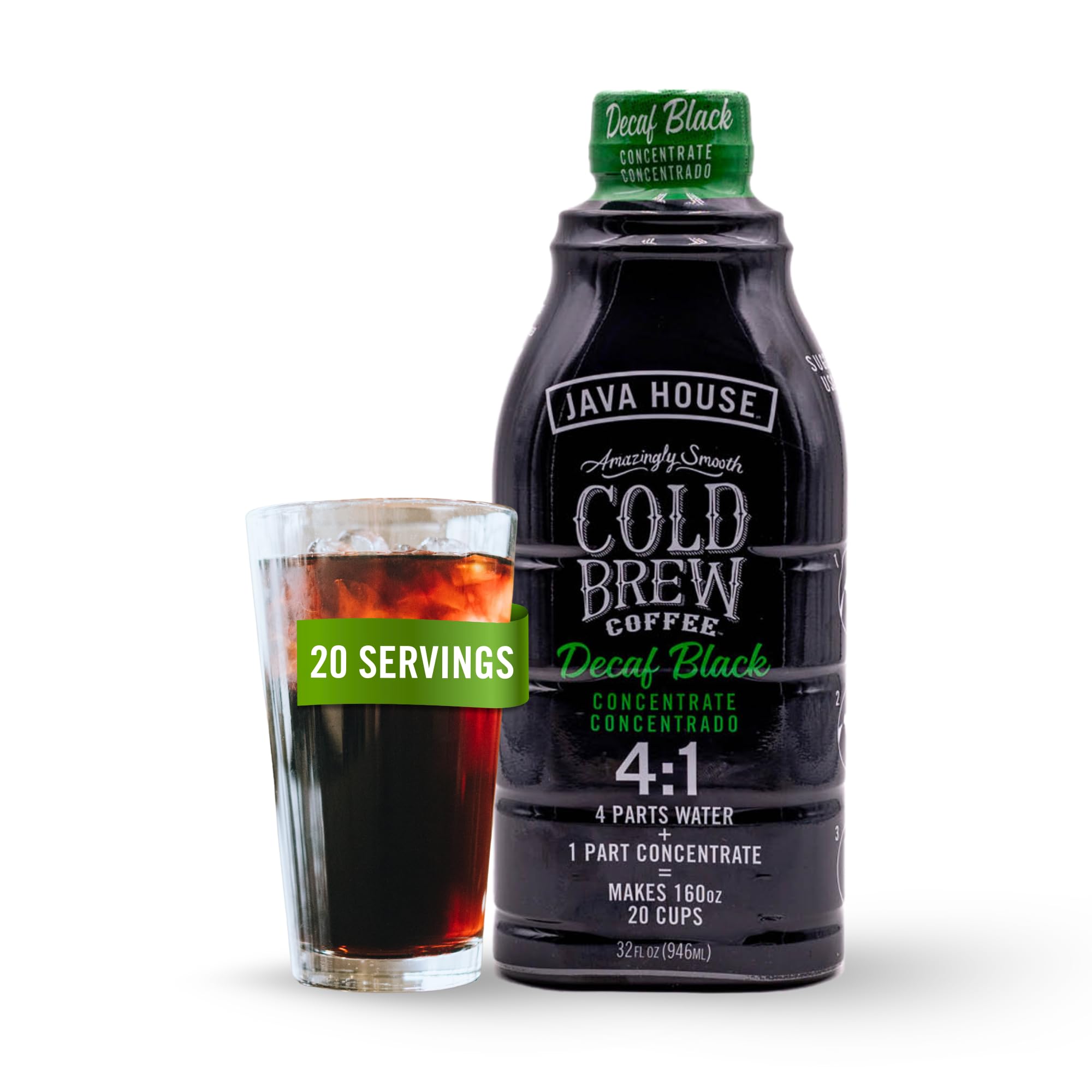 Java House bottle front view showing 32 oz decaf concentrate and clear labeling benefit convenience