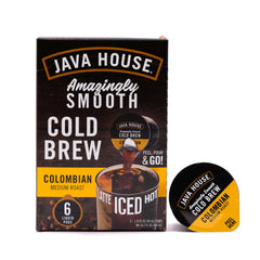 JAVA HOUSE front box showing six concentrate pods and branding for easy transport