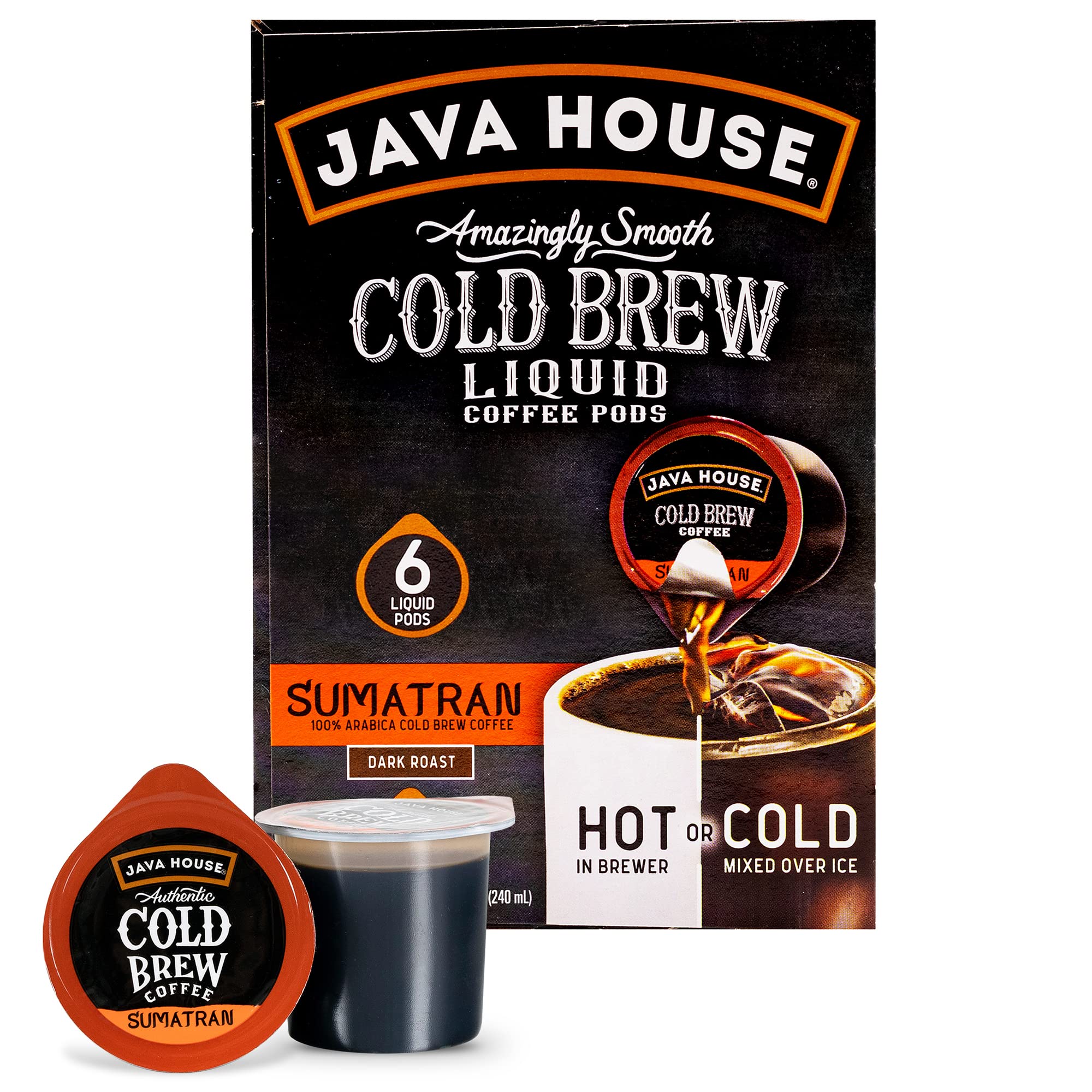 Java House front packaging showing six pods and bold Sumatran roast benefits