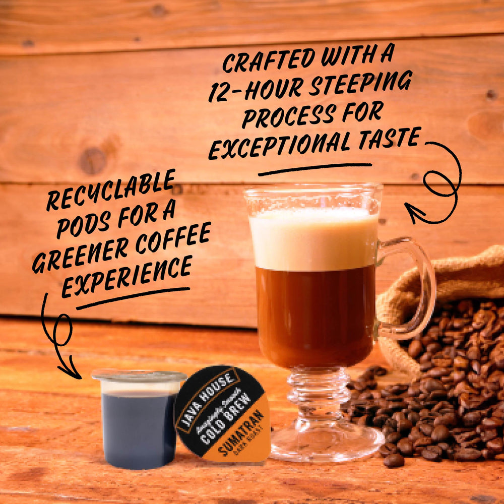 Java House recyclable PET label highlighting eco-friendly pod material